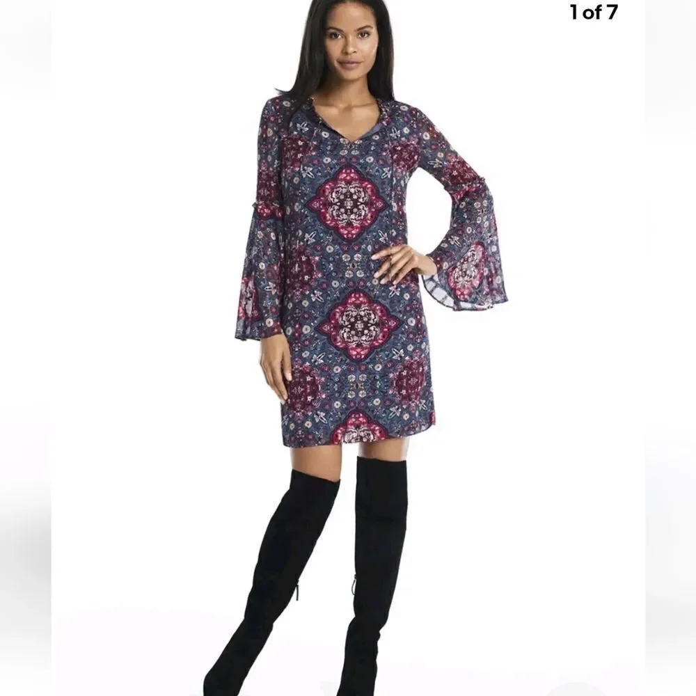 White House Black Market Long Bell Sleeve Medallion Print Shift Dress Size L NWT
